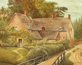 J. RAUCH COTTAGE LANDSCAPE, OIL ON CANVAS BOARD | Oil on canvas board h. 8.75 x w. 11.5 in. (sight) Signed lower right "J. Rauch"; housed in a carved gilt frame. Dimensions: h. 13.75 x w. 16.75 in