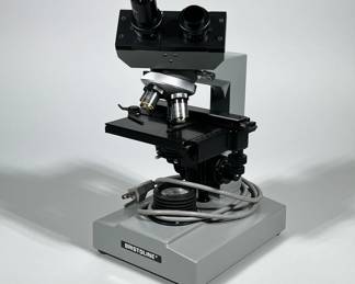 BRISTOLINE (BRISTOLSCOPE) BINOCULAR COMPOUND MICROSCOPE IN WOOD CASE | Gray metal binocular compound microscope labeled "BRISTOLINE" on the base, mounted on a square stepped base with coiled power cord and a removable condenser assembly beneath the stage. Black mechanical stage with slide clamps and a three-objective turret are visible; eyepieces are marked HWF10X on the case label. The microscope is stored in a fitted orange-brown wooden case with a metal lock and a door card reading "BRISTOLINE MICROSCOPE CATALOG NO. 3003 SERIAL NO. 813803 MADE IN JAPAN."