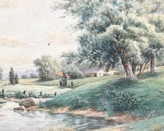 COTTAGE AND STREAM LANDSCAPE, SIGNED WATERCOLOR | Cottage And Stream Landscape Watercolor on paper 10.25 x 19 in (sight) Signed lower right; framed under glass Dimensions: h. 12.5 x w. 21.5 in