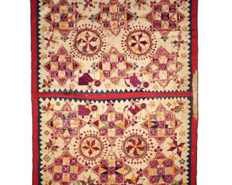 SILK EMBROIDERED APPLIQUE BULLOCK COVER | A two panel bullock cover with silk embroidery on cotton, with applied abalone or similar medallions