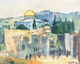 IMPRESSIONIST SCHOOL (20TH CENTURY) OIL ON CANVAS, CITYSCAPE WITH DOME | Impressionist Cityscape with Dome Oil on canvas h. 9.5 x w. 13.25 in. (sight) Signed lower right; framed in wood with gilt accents and a green fabric liner