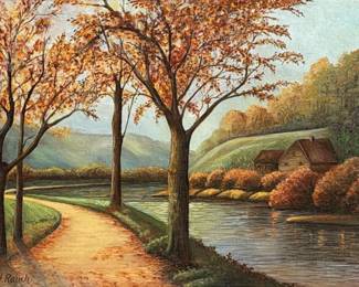 (2pc) PAIR VINTAGE BEADED AND NEEDLEPOINT EVENING HANDBAGS WITH CHAIN HANDLES |  Oil on canvas board h. 8.75 x w. 11.5 in. (sight) Signed lower left "J. Rauch". Dimensions: h. 13.75 x w. 16.75 in