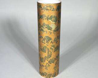 ROSENTHAL (GERMANY) STUDIO-LINIE HANDGEMALT IRIDESCENT MARBLED PORCELAIN VASE | Cylindrical porcelain vase with an iridescent green and gilt marbled overglaze and a white glazed interior. Base stamped in green with the "Rosenthal Germany" script and with a gold "studio linie HANDGEMALT" mark plus a painted initial. Smooth straight-sided form with continuous marbled decoration encircling the body. Height: 9 in; Diameter: 2.5 in.