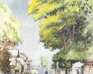 FRENCH SCHOOL (LATE 19TH/EARLY 20TH C.) HAND-COLORED ETCHING, "RUE DES ARTISTES" | Rue des Artistes Hand-colored etching on paper 10.5 x 8.25 in (sight) Signed lower right "Leroy"; framed under glass with a circular blindstamp visible on the sheet