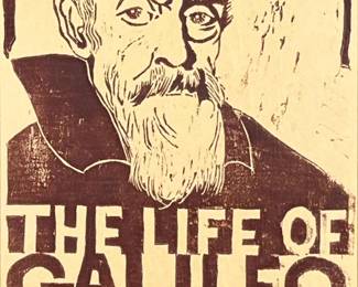 THE LIFE OF GALILEO FRAMED THEATER POSTER, BROWN INK ON PAPER | Framed printed poster in brown ink on cream paper with bold block lettering and an illustrated portrait above the title reading “THE LIFE OF GALILEO.” Text on the sheet reads “by Bertolt Brecht directed by Peter McAdoo Coy October 24 + 25 Theater D · 8 PM.” Housed in a narrow stained wood frame with paper backing, hanging wire, and a framing shop label stamp reading “Colonial” with a stamped date of NOV 14 1975 on the verso. Surface shows uneven ink coverage and minor losses consistent with a hand-printed or small-run printed poster. Dimensions: h. 18 x w. 9.5 in
