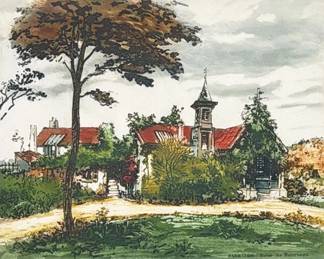 BARBIZON ATELIER DE ROUSSEAU HAND-COLORED ETCHING, SIGNED | Barbizon — Atelier de Rousseau Hand-colored etching on paper h. 8.5 x w. 10.75 in. (sight); framed w. 18.5 x h. 13.5 in. Plate title "BARBIZON - Atelier de Rousseau" in the image; signed in pencil lower margin; framed under glass with an embossed blindstamp visible on the sheet. Dimensions: h. 13.5 x w. 18.5 in