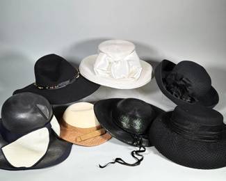 (7pc) ASSORTED WOMEN'S HATS INCLUDING ABRAHAM & STRAUSS, LORD & TAYLOR, BETMAR | Group of seven women's hats in assorted materials including black felt, woven straw and synthetic straw; trims include a satin bow, fabric rosette cluster, leather bead band and grosgrain ribbons. Visible interior labels read "Abraham & Strauss" and "Design Lab / Lord & Taylor"; additional brands noted by the inspector include Betmar and Toucan. Largest hat measures 15.5 in. diameter (widest).