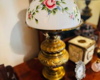Hand Painted Globe and Brass Parlor Lamp, 1 of 2 available