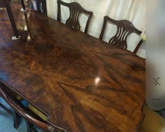 Gorgeous Burled Walnut Dining Table with carved legs