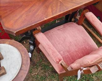 Table with inlaid top and Victorian chair 