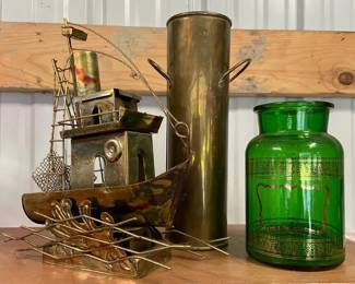 Brass Music Box Boat with Brass Shell Casing Vase and Glass Vase