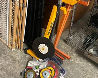 Assorted Saw Blades and Grinding Wheels with Toughbuilt Roller Stands and More