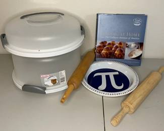 2 Sterilite Food Carriers with Pi Pan Wooden Rolling Pins and Baking Cook Book