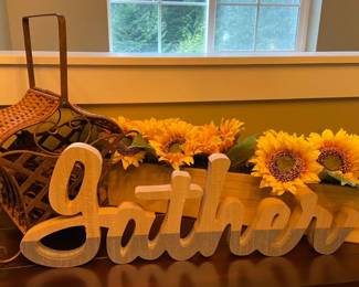 Gather Sign with Faux Flower Box and Metal Basket with Pinecones