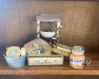 Vintage Embroidered Gold Filigree Metal Hand Mirror  Brushes With Candles  Wishing Well