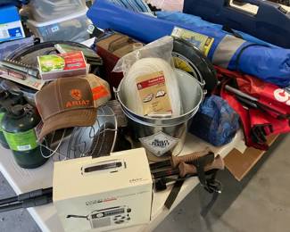 Huge Collection of Camping Supplies including Chairs Propane Horseshoe Set and More