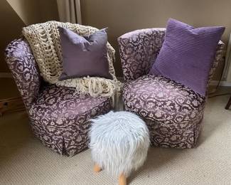 Purple Floral Vine Upholstered Armless Chairs Crocheted Throw Stool  Accent Pillows