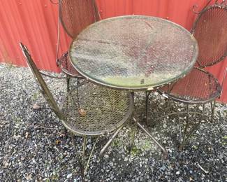 Metal Bistro Table With Glass Top  Three Chairs