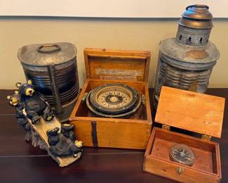 2 Antique Nautical Lanterns Dirigo Compass with Bearfoots Figurine
