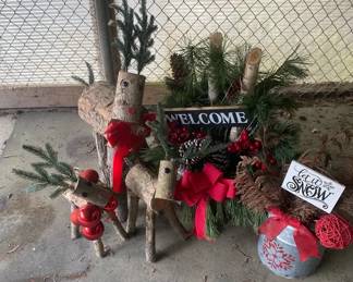 Outdoor Holiday Decor Including Deer Made From Tree Branches