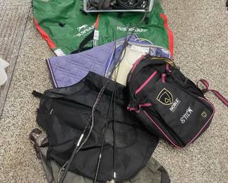 Lot Of Equestrian Gear Including Feeders Cleaning Supplies Saddle Blanket  More