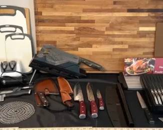 Italian Made Butcher Block And Knife Collection. Large collection of butcher knives accompanying a large butcher block made in Italy, knife, sharpening, and accessories.