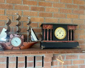 ANTIQUE NEW HAVEN WOODBRIDGE RED FAUX MANTLE CLOCK & Yankee Clipper Clock