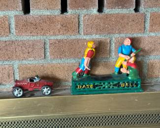 Cast-Iron Vintage Baseball Coin Bank & Speeder