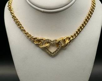Christian Dior Vintage Rhinestone Heart Necklace Gold Tone