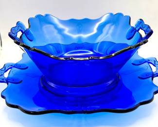 LE Smith Cobalt Blue Serving Bowl & Platter Mount Pleasant/Double Shield Pattern