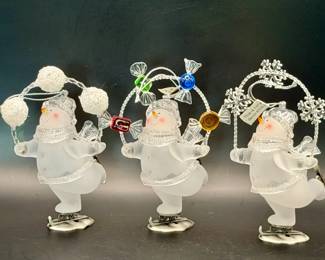 (3) vintage Department 56 acrylic skating snowman Christmas ornaments