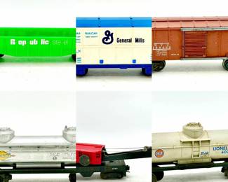 (6) Lionel Toy Train Cars vintage Lionel 9142 Republic Steel gondola in green plastic vintage Lionel General Mills Mini-Max boxcar Lionel X6454 New York Central Lines O gauge model box car Lionel O gauge Sunoco two-dome tank car Lionel 6560 Bucyrus Erie Crane Car Lionel 6025 Gulf single-dome tank car model train