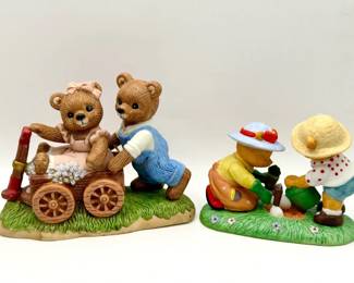 (2) Adorable Bear Figurines No chips or cracks “Playtime Bears” home interiors gift figurine “May Planting” by Katherine Stevenson Calendar Bears by Bronson Collectibles figurine
