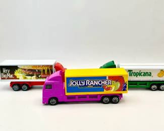 (3) Mattel Trucks Hot wheels very big Mac semi truck one: 64 scale model Hot wheels, jolly rancher semi truck one: 64 scale model Hot wheels Tropicana scale model 1:64