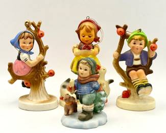 (4) Vintage Figurines — Hummel & Made in Hong Kong Four Vintage Figurines including Hummel & Made in Hong Kong. No chips or cracks. (3) plastic figurines/ornaments marked “Hong Kong” Goebel Hummel figurine, specifically titled "Tannenbaum" (or "Fresh Christmas Tree"), model BH 47/P