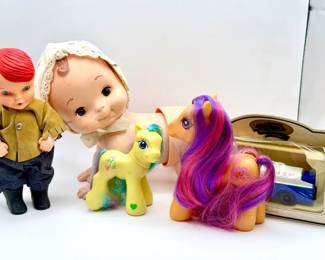 Vintage Toy Lot Vintage baby crawls toy (does not work) 1972 "Sippin' Sam" boy doll produced as a promotional item for the General Mills Fun Group 2005 My Little Pony Baby Tea Lily Hasbro Avon Exclusive Lledo Days Gone 1936 Chevron Standard Oil Farm Delivery Truck My Little Pony G3 Scootaloo figure