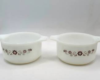 (2) vintage Pyr-O-Rey Dynaware milk glass individual casserole dishes