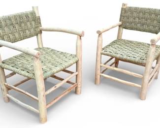 Rustic Modern Pine & Rush Armchairs, Pair