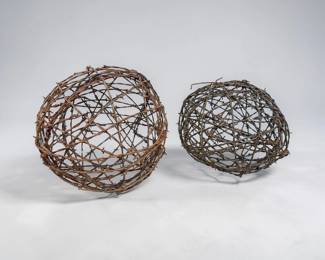 Two Folk Art Barb Wire Sphere Sculptures