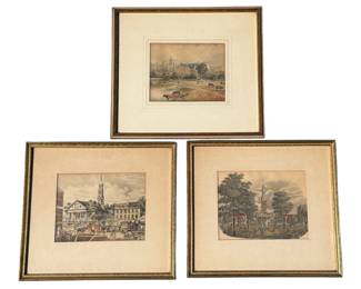 Three 19th C. Aquatints and Watercolor Paintings
