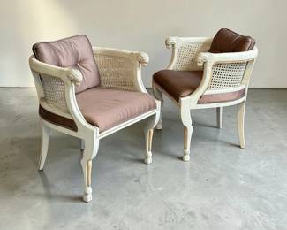 French Rams Head Bergere Armchairs, Pair