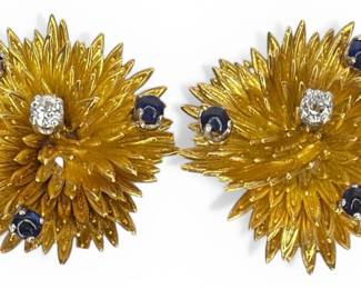 18k Gold Diamond Sapphire Earrings, Vintage