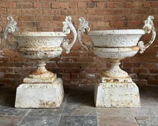 Pair of Antique Victorian Cast Iron Garden Urn Planters