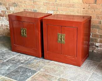 Oriental Red Lacquer Nightstands, Pair