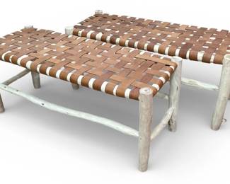 Rustic Modern Pine & Leather Benches, Pair