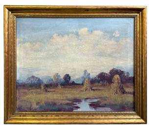 Antique Oil Painting of Haystacks