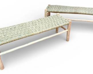 Rustic Modern Pine & Rush Benches, Pair