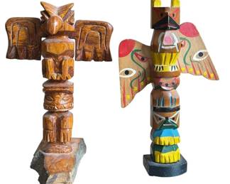 Two Alaskan Carved Wood Totem Poles