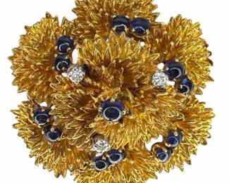 18k Gold Diamond Sapphire Brooch, Vintage