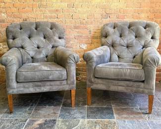 Set of French Style Grey Tufted Lounge Chairs